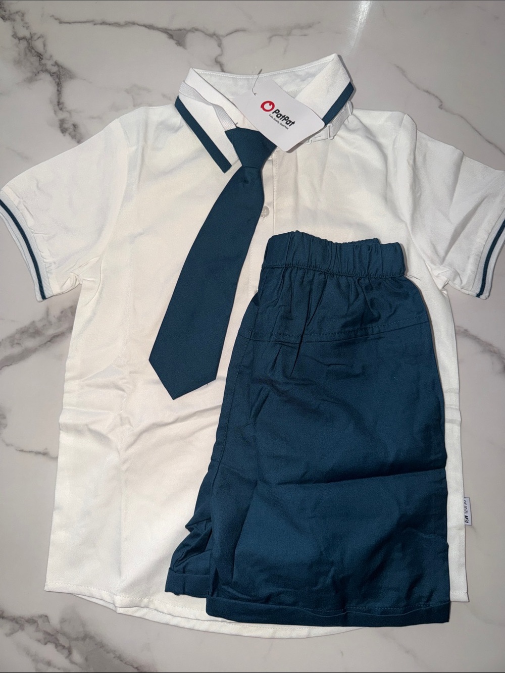 PatPat White Polo Shirt with Navy Trim, Tie & Navy Shorts Set